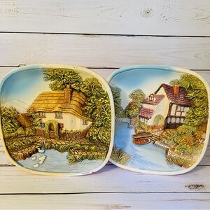 Set of Two Vintage Pottery Style Chalkware Decorative Outdoor Scenes